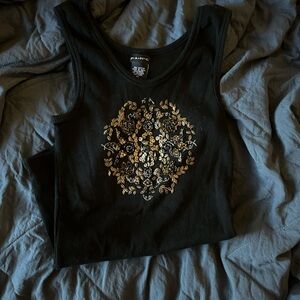 Black Tank Top with Gold Floral Design